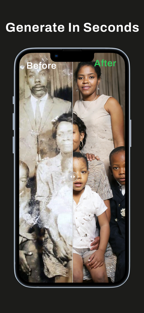 Comparación del antes y el después de una foto familiar restaurada y coloreada con IA.