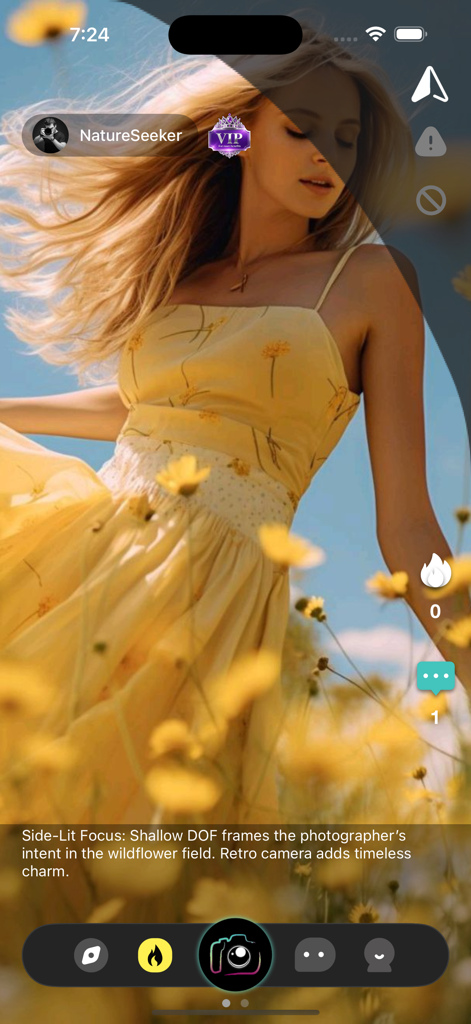 Fotzy - Live Chat, Discover - Interface de l'application Fotzy montrant un flux de découverte sociale avec une photographie esthétique d'une femme dans un champ de fleurs sauvages et un profil utilisateur VIP nommé NatureSeeker