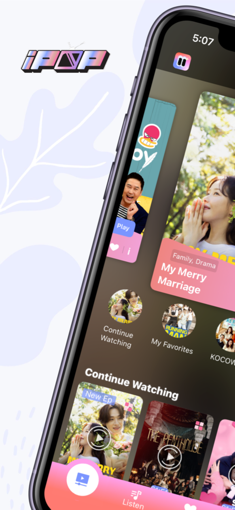 Schermata dello smartphone che mostra l'app iPOP con varie serie e spettacoli coreani