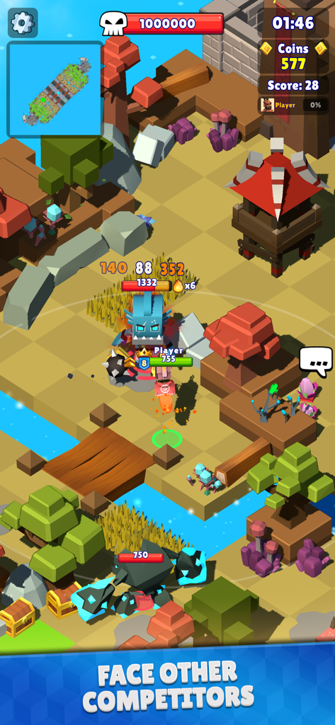 Hunt Royale: Action RPG Battle - Hunt Royale gameplay screenshot showing voxel characters in a competitive PvP battle arena with damage numbers and game UI