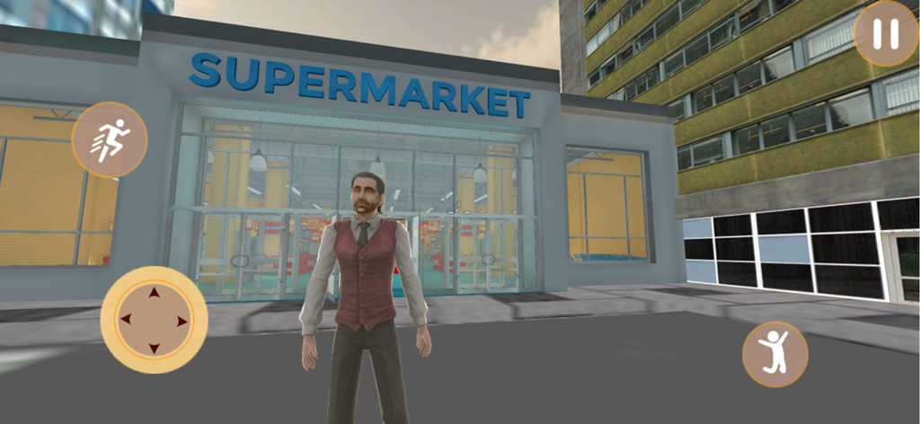 Supermarket Simulator Games 24 - Personaje de gerente de tienda parado afuera de un supermercado en un juego de simulación 3D
