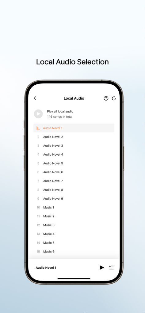 Shokz app interface displaying the local audio selection screen with a list of songs and audiobooks.