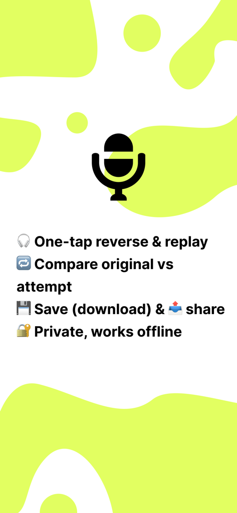 Reverse Audio Game - Principais recursos do aplicativo Jogo de Áudio Reverso, incluindo funcionalidade de inversão e repetição