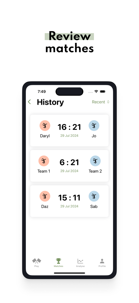 Badminton Score - Track Points - A smartphone displaying the match history screen of the Badminton Score app showing past game results and player names.