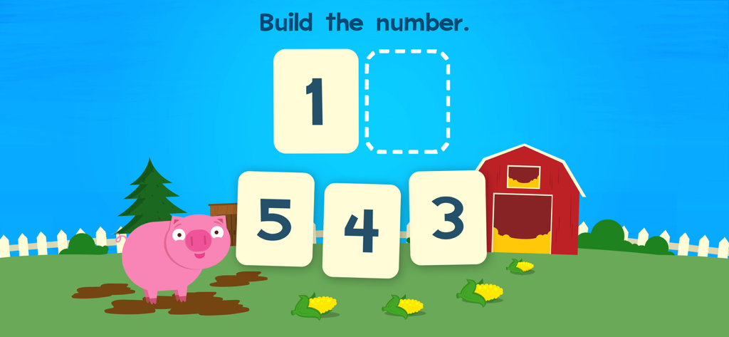 Animal Pre-K Preschool Games - Preschool math game screen with farm animals and number cards