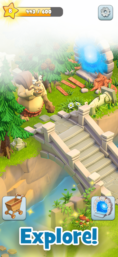 A cyclops standing near a stone bridge and a glowing blue portal in a lush green environment from Land of Legends: Family farm.