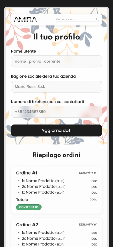 Amira couture - User profile and order history screen for the Amira couture wholesale fashion app.
