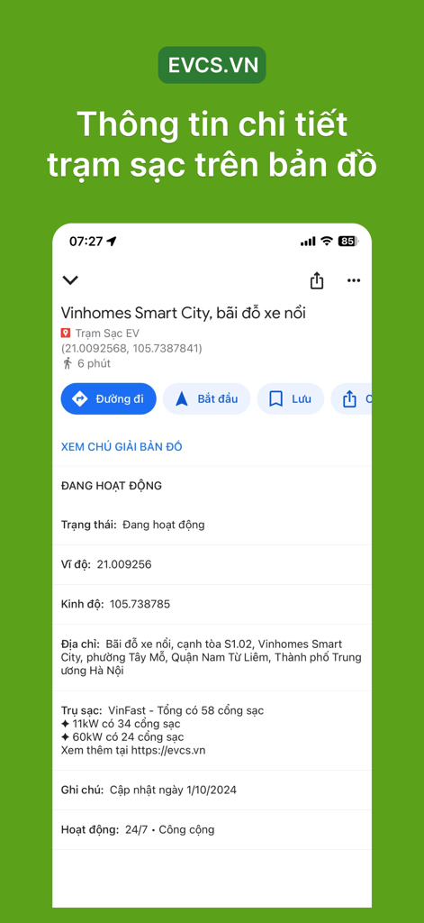 Detailed information screen of an electric vehicle charging station in the Tram Sac EV mobile app showing port types and status