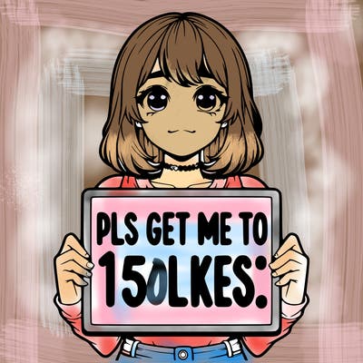 realistic girl holding up a sign that says “pls get me to 15 likes!”