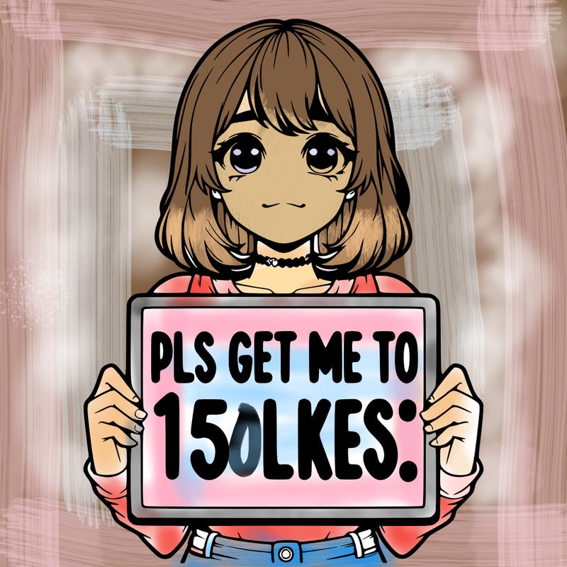 realistic girl holding up a sign that says “pls get me to 15 likes!”