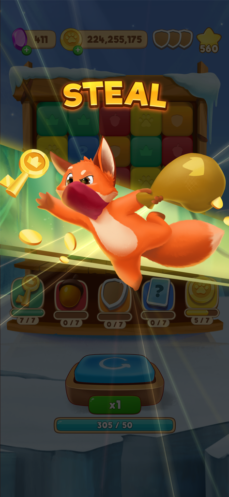 A fox character wearing a mask jumps while carrying a sack of gold coins during a raid in Tiles Of Fortune