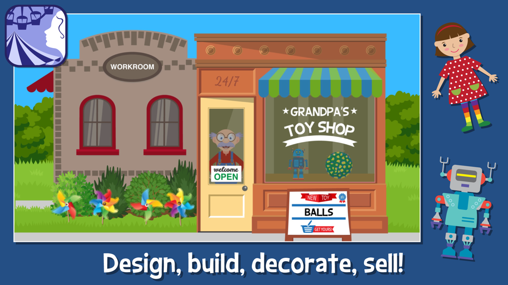 Grandpa's Toy Shop - Colorful exterior of Grandpas Toy Shop featuring a friendly shopkeeper and toy characters