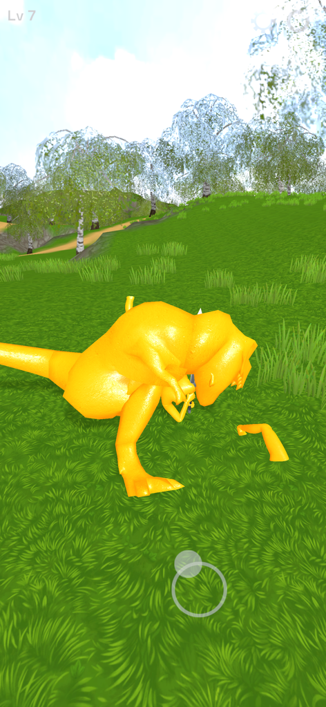 Gameplay-Screenshot von Ragdoll Blade mit einer goldenen Dinosaurier-Figur in einer grasbewachsenen Umgebung
