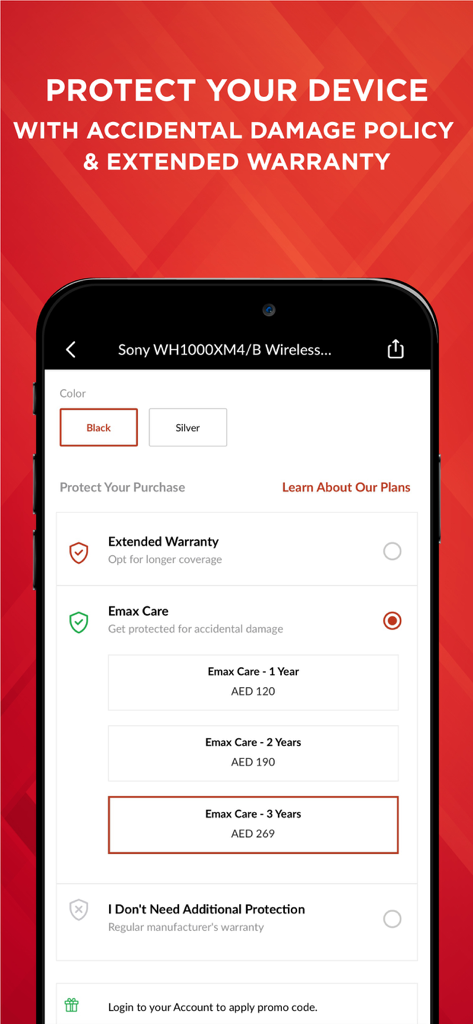 Emax app interface showing extended warranty and accidental damage protection plans for electronics
