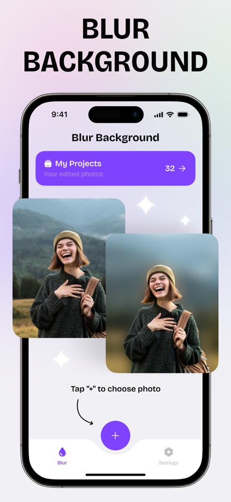 Blur Background: Photo Retouch - Captura de tela da interface do aplicativo Desfoque de Fundo mostrando uma comparação de foto antes e depois com um efeito bokeh