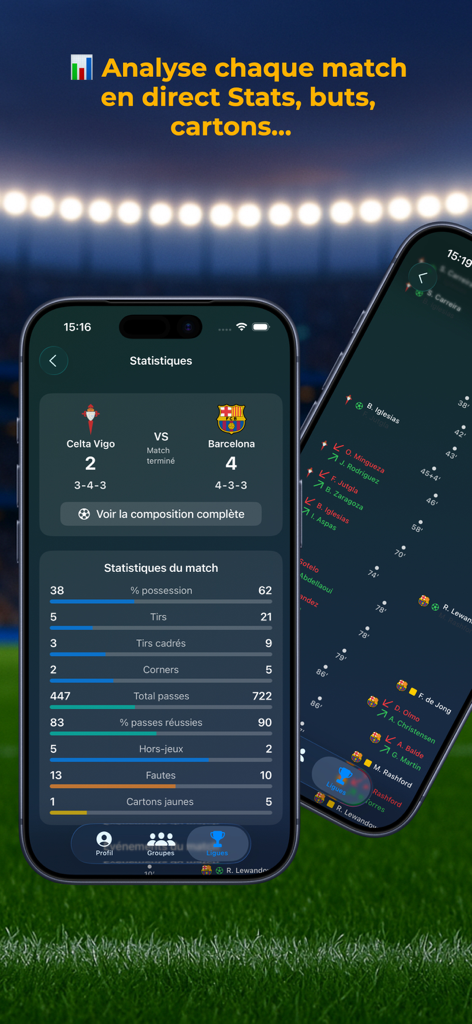 Go Football Prono App-Bildschirm mit Live-Fußballspielstatistiken und Spielerereignis-Timeline.
