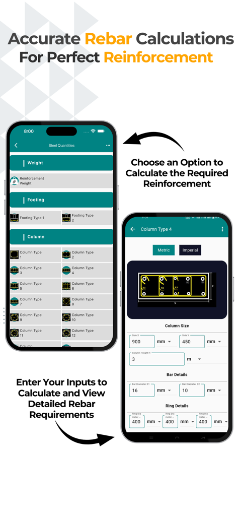 Construction Calculator A1 Pro - Mobile app interface for accurate rebar reinforcement and steel quantity calculations for construction columns