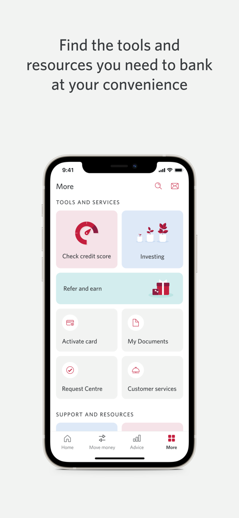 CIBC Mobile Banking app interface displaying additional tools and services including credit score check and investing.