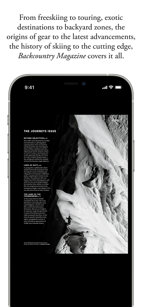 Backcountry Magazine App zeigt den Artikel The Journeys Issue mit Bergfotografie