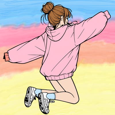 realistic girl jumping with a bun and oversized sweatshirt