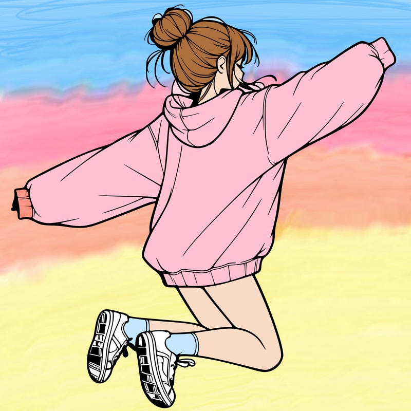 realistic girl jumping with a bun and oversized sweatshirt