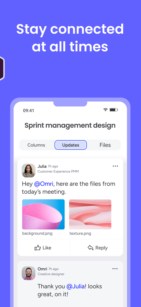 monday.com - Work Platform - A mobile screen showing the updates section of a project board where team members share files and communicate