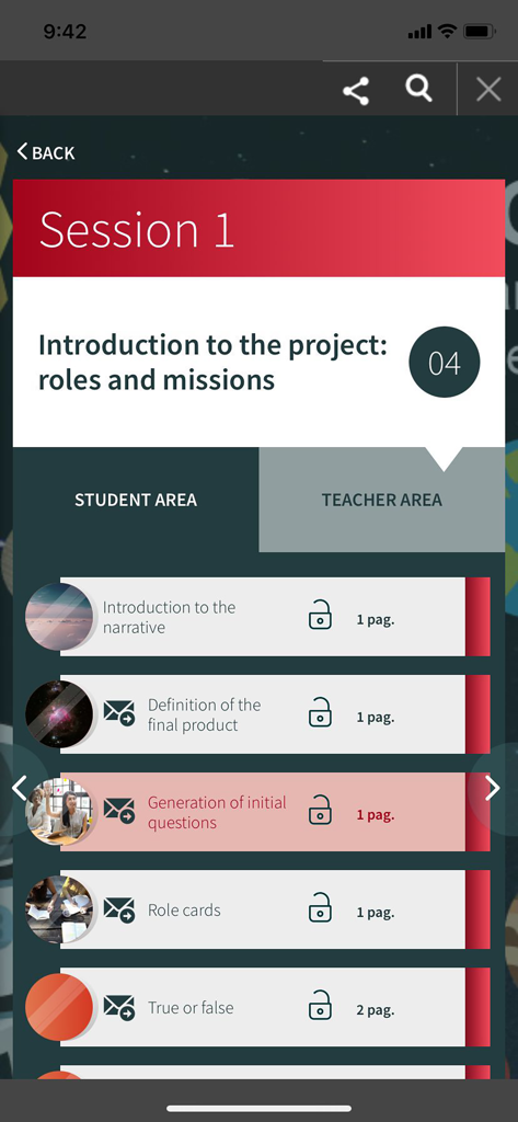 Blinklearning - Blinklearning app interface showing a lesson session with student and teacher sections and a list of educational activities