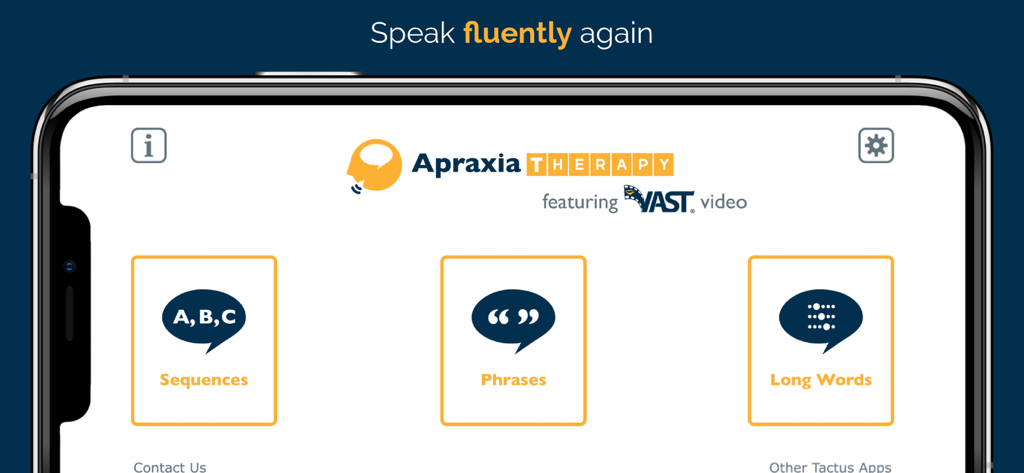 Apraxia Therapy app home screen showing sequences, phrases, and long words options