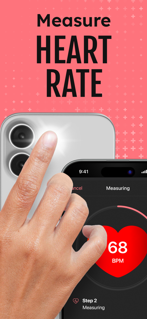 A user measuring their heart rate by placing a finger on the iPhone camera lens using the InPulse app.