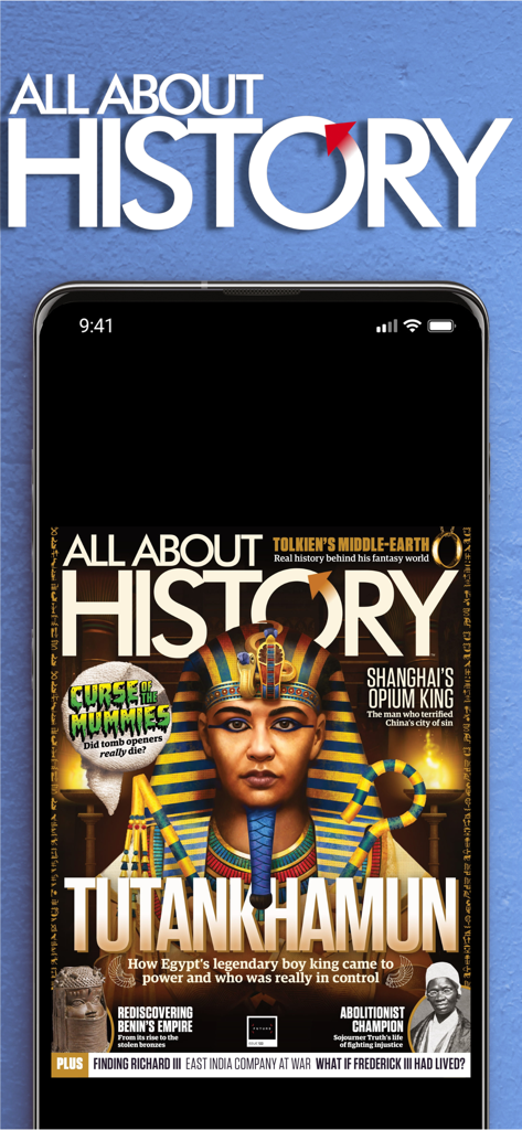 All About History Magazine - Pantalla de smartphone mostrando la portada de All About History Magazine sobre el Rey Tutankamón.