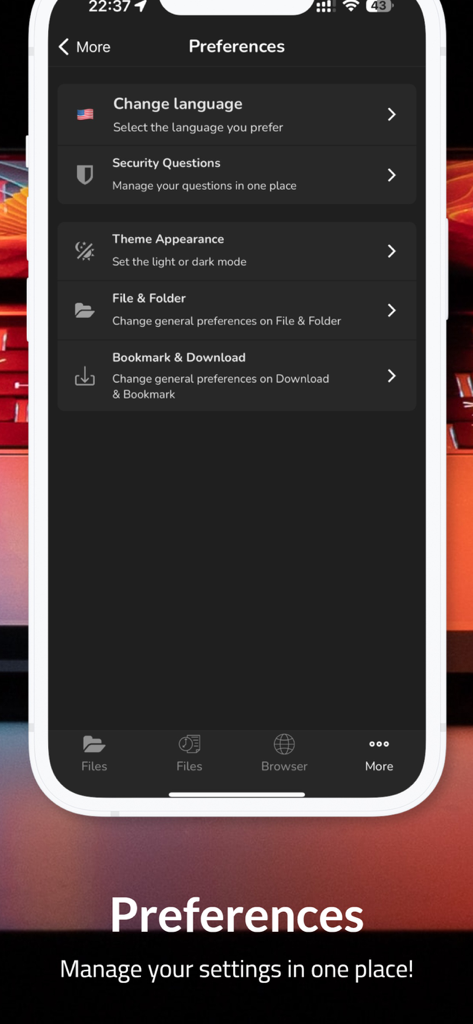 The preferences screen of the File Manager app showing settings for language security theme and file organization in dark mode