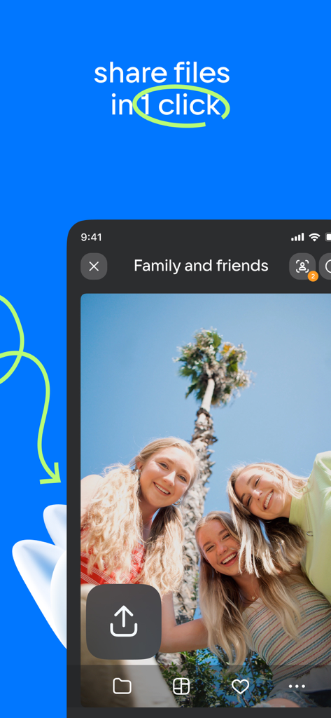 Mobile app interface showing one-click photo sharing feature for family and friends