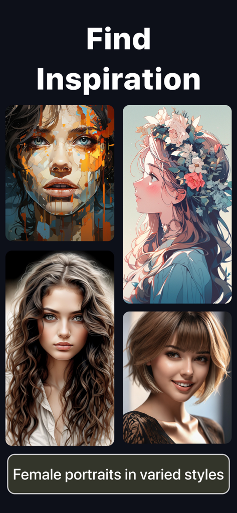 AI Photo Generator - AI Art - Eine Sammlung von KI-generierten Porträts von Frauen in verschiedenen künstlerischen und realistischen Stilen