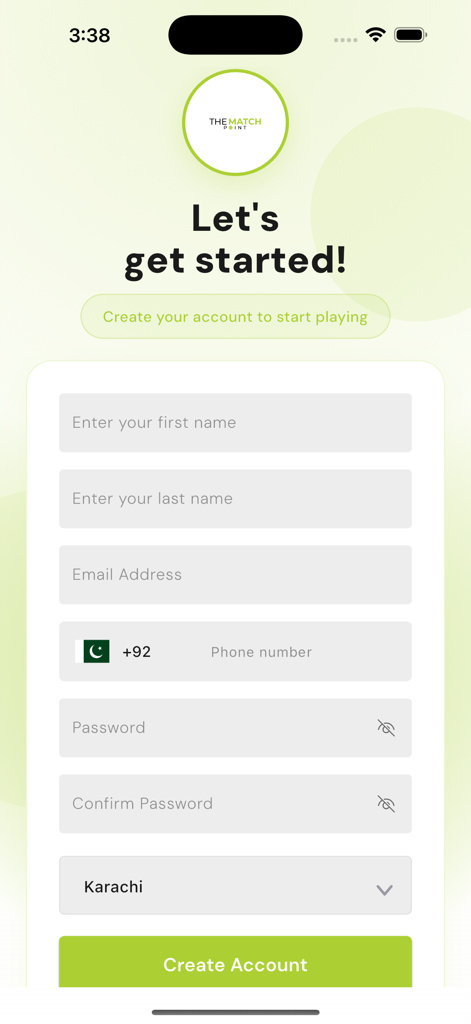 The Match Point PK - Pantalla de creación de cuenta para la aplicación de pádel The Match Point PK