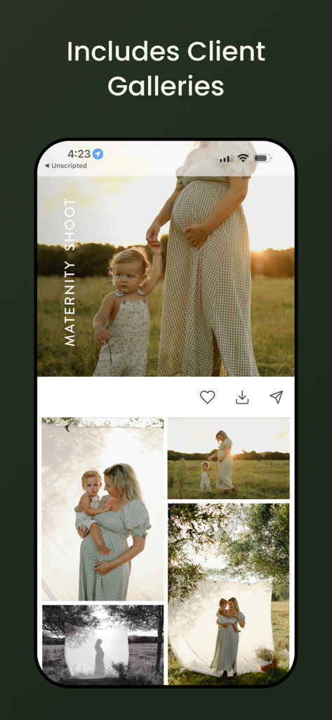 UNSCRIPTED Photography Poses - Oberfläche einer mobilen App, die professionelle Kunden-Galerien für ein Fotoshooting mit Schwangeren zeigt.