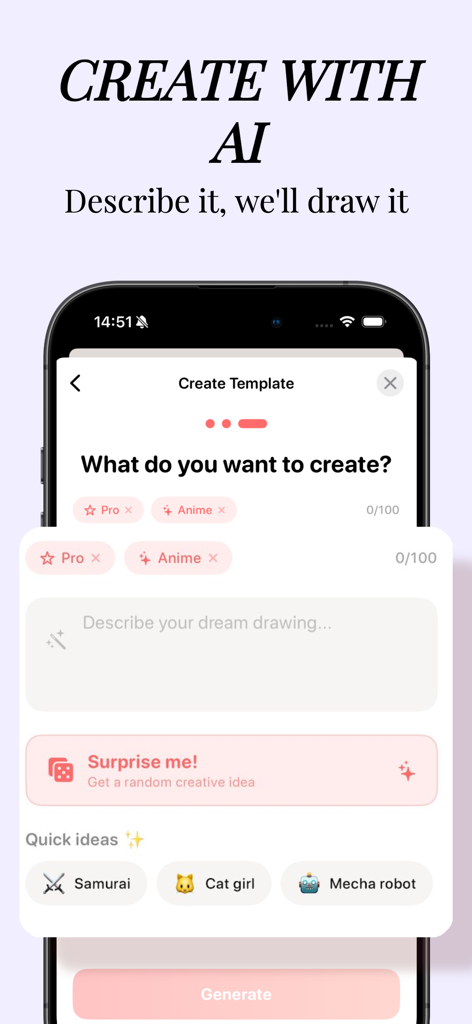 AR Drawing Pro - Trace & Paint - Interfaz de AR Drawing Pro que muestra el generador de plantillas IA con un campo de texto para crear bocetos personalizados para calcar