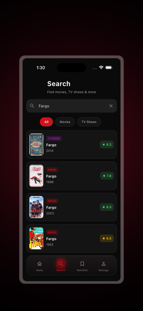 MovieDex app search screen displaying various movie and TV show results for Fargo with ratings