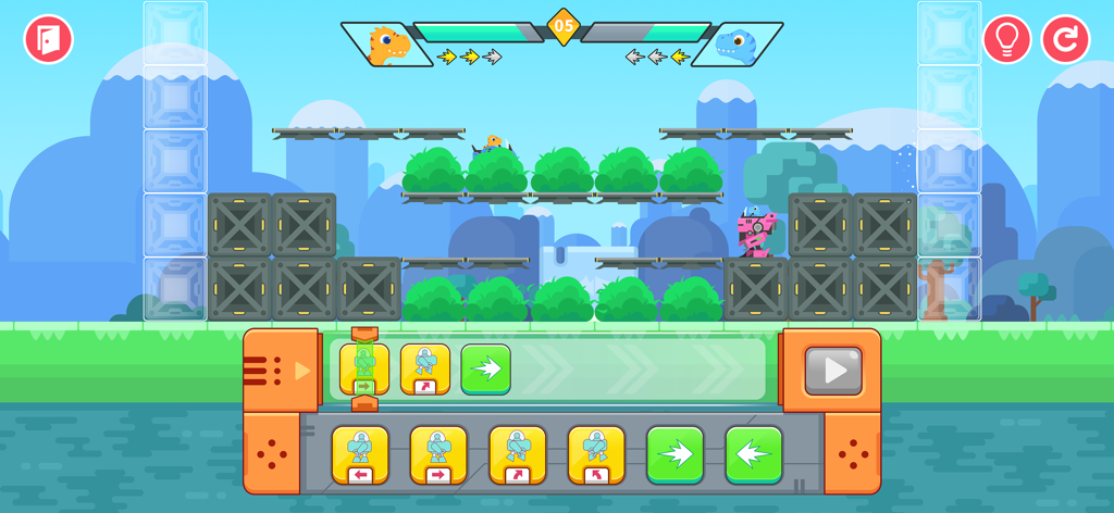 Gameplay-Bildschirm, der einen Mecha-Roboter in einer Plattformarena und visuelle Programmierblöcke am unteren Rand zeigt.