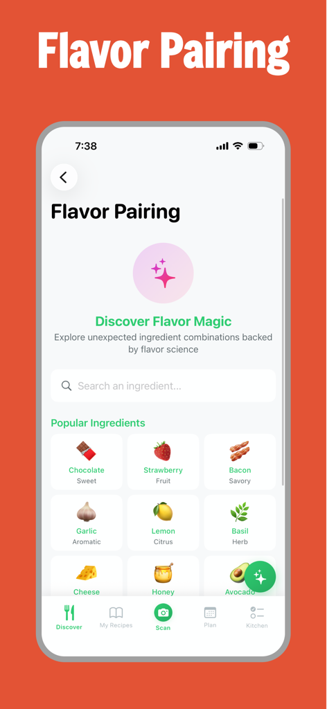 Mobile app interface of RecipeScan showing the Flavor Pairing feature with ingredient icons like chocolate strawberry and bacon
