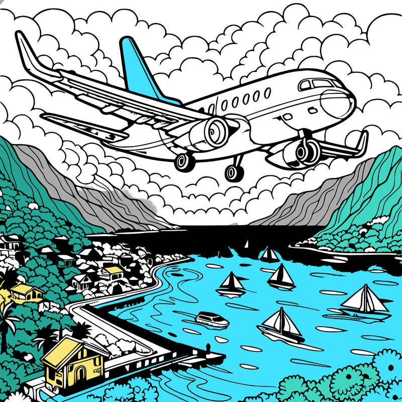 a jet flying over a scenic ocean view.