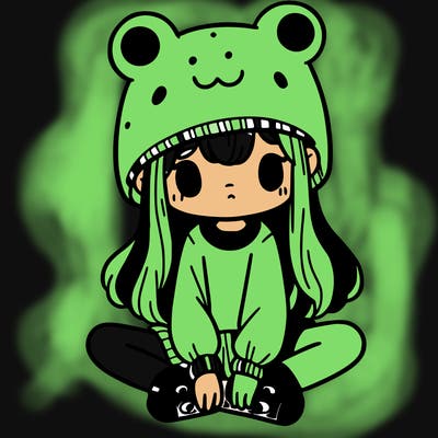 a girl wearing a frog hat and some frog socks