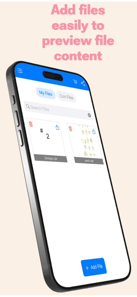 Interfaz de la aplicación Visor y Convertidor CDR mostrando cómo añadir y previsualizar archivos en el iPhone