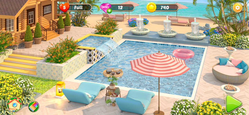 Interior Home Makeover - Piscina di lusso e area lounge esterna con lettini blu e un salvagente rosa nell'app Ristrutturazione Casa d'Interni