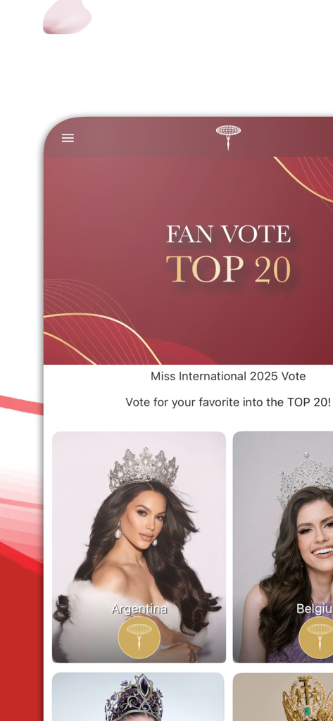 Tela de voto dos fãs do aplicativo Miss International mostrando delegadas da Argentina e Bélgica