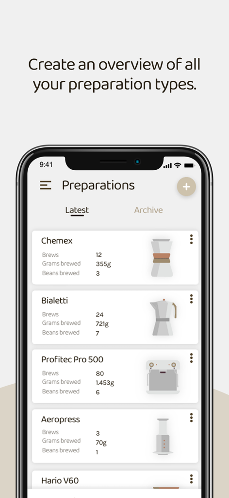 Screenshot of the Beanconqueror app showing a list of coffee preparation methods like Chemex and Aeropress with brewing statistics.