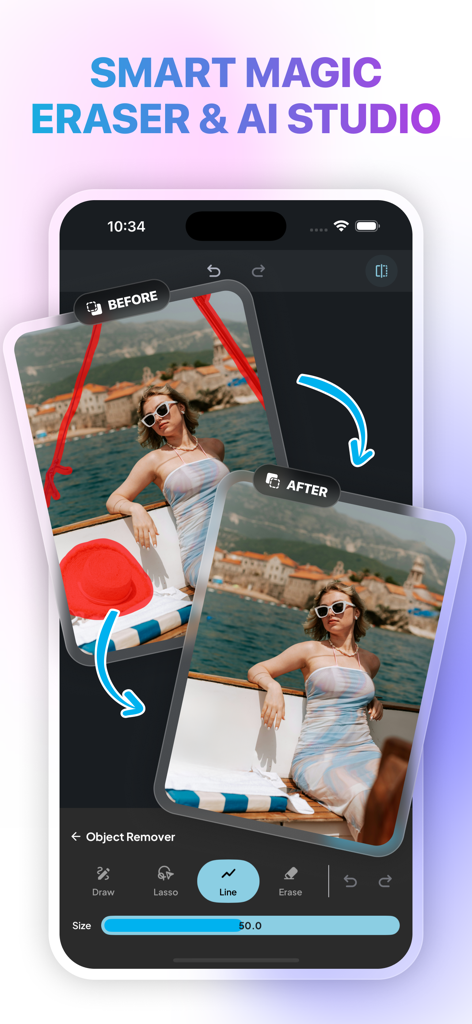 Demonstration of AI object removal tool with before and after comparison of a travel photo.