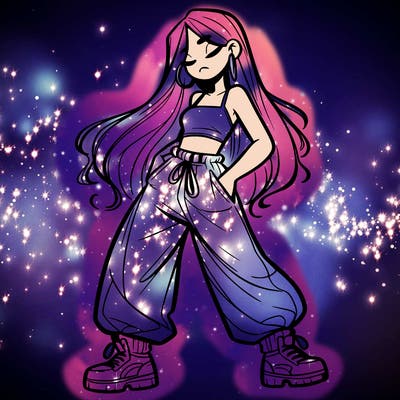 girl in baggy pants crop top and long hair