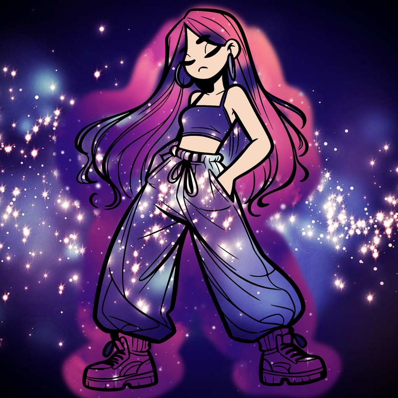 girl in baggy pants crop top and long hair