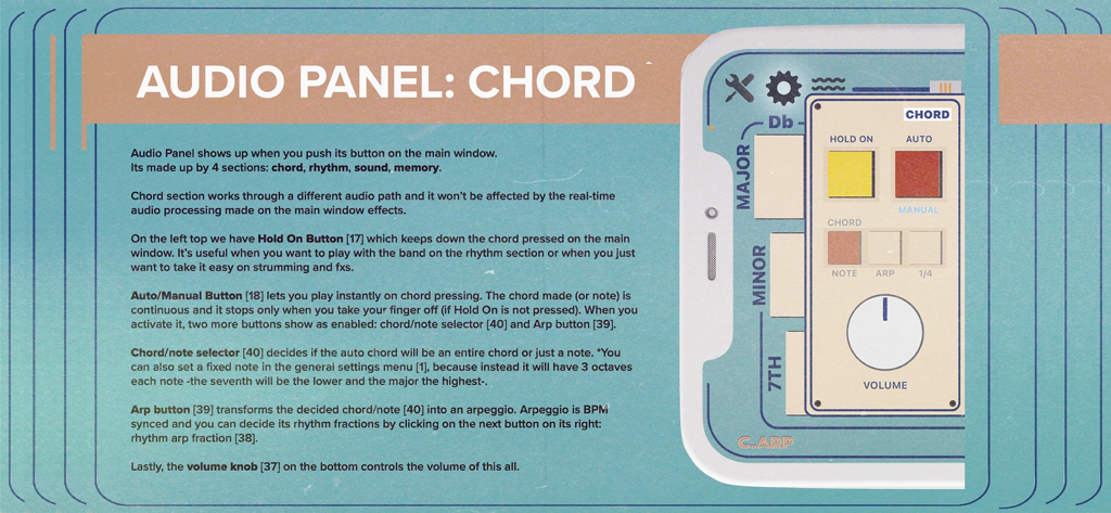 C.ARP mobile app audio panel chord section tutorial showing vintage style controls and chord settings