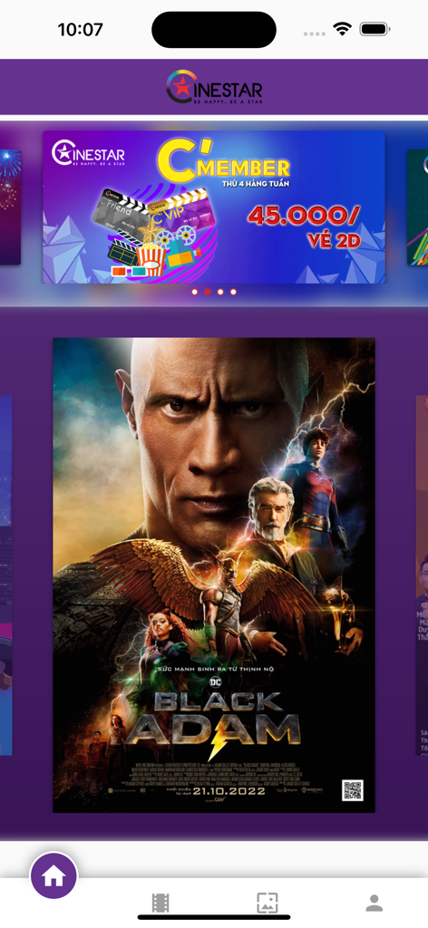 Cinestar app home screen featuring Black Adam movie poster and member promotions in Vietnamese
